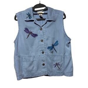 Talbots Denim Blue Tank Top Art to Wear Dragonfly Tencel Size 8 Button Up Vest